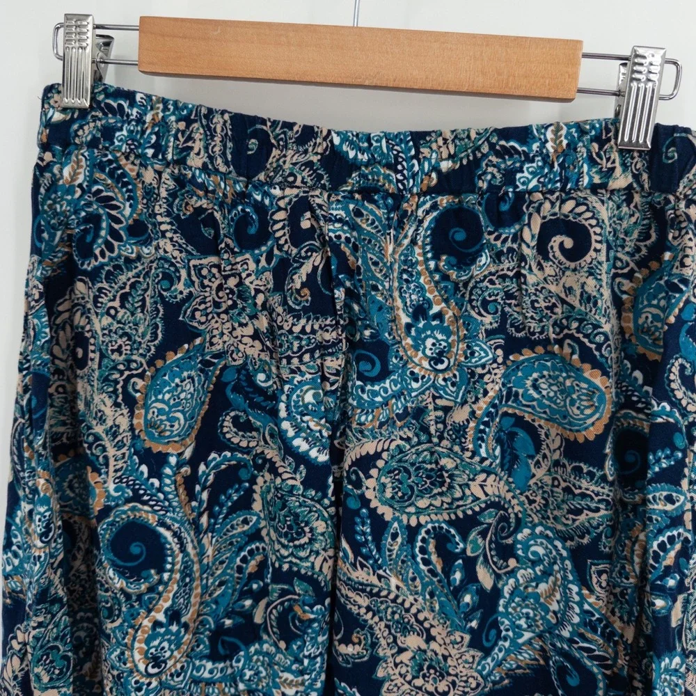 Boho Paisley Midi Skirt Womens L Blue Hippie Festival Flowy Summer‎ Retro 70s